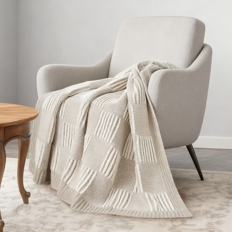 Chenille Knit Throw Blanket For Couch And Sofa, Ultra-Soft Checkered Decorative Blanket, Medium Weight For All Seasons, Beige