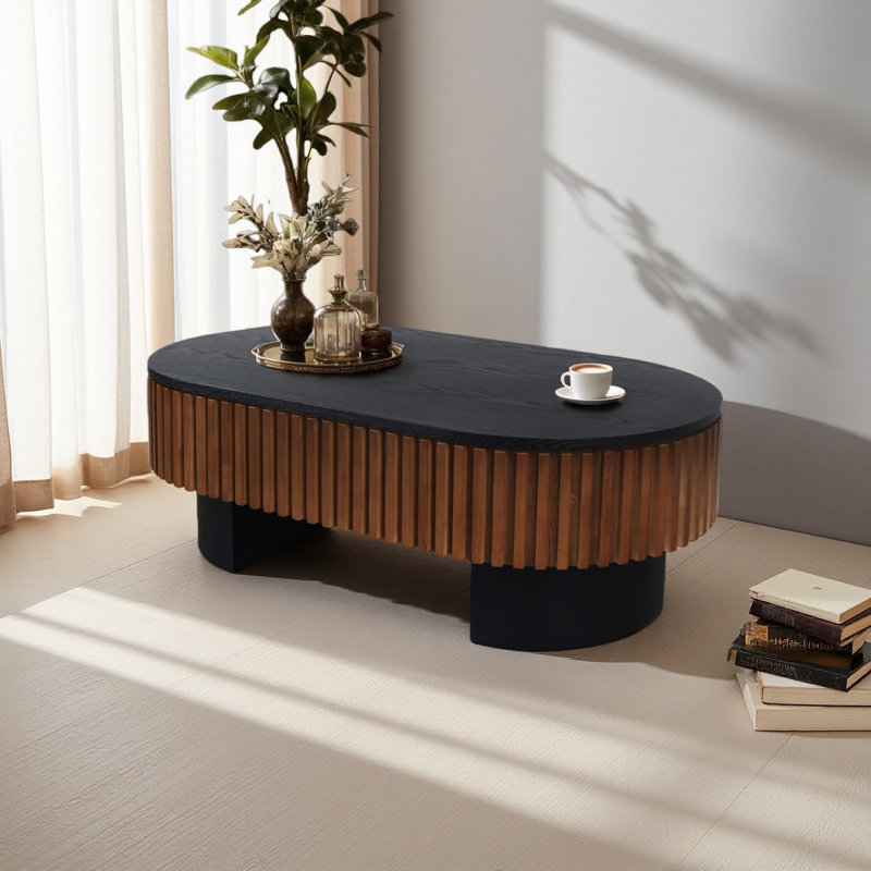 Table basse de salon elliptique de 43,7 po avec rangement caché et plateau de table amovible, table basse moderne en placage de bois massif