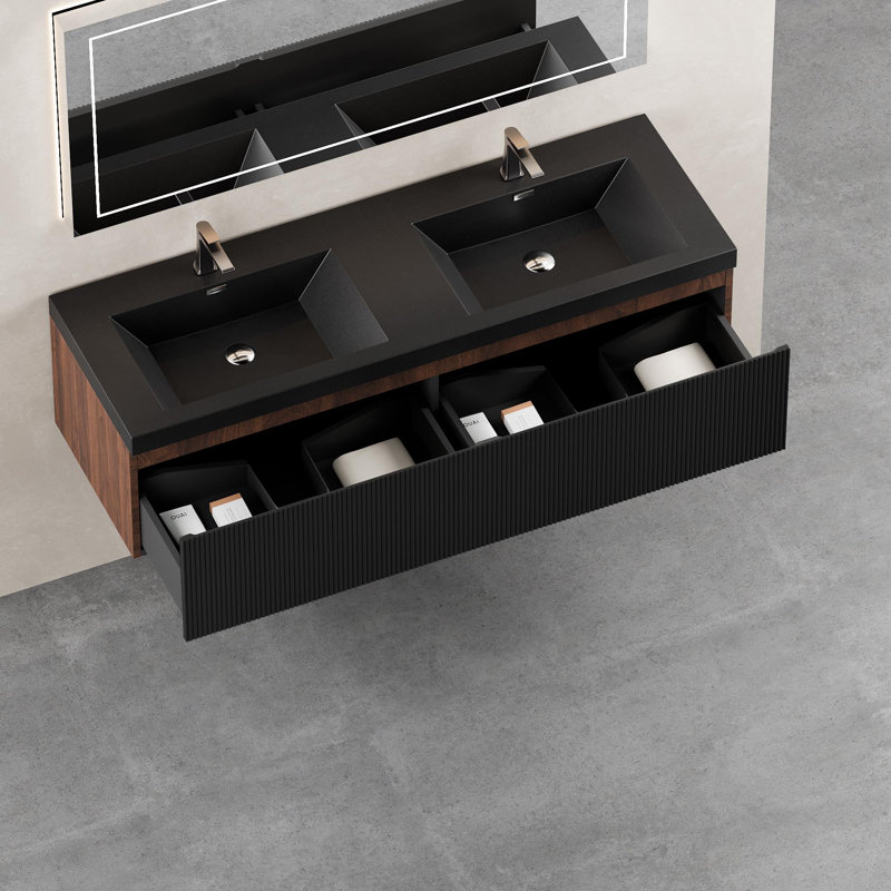 Wall Mounted Bathroom Vanity with Solid Surface Sink, Walnut, 60"