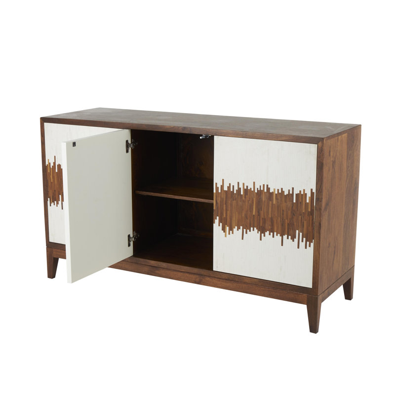 Elyette Mango Wood 1 Shelf and 3 Door Abstract Brown Cabinet with Vertically Stripped Front