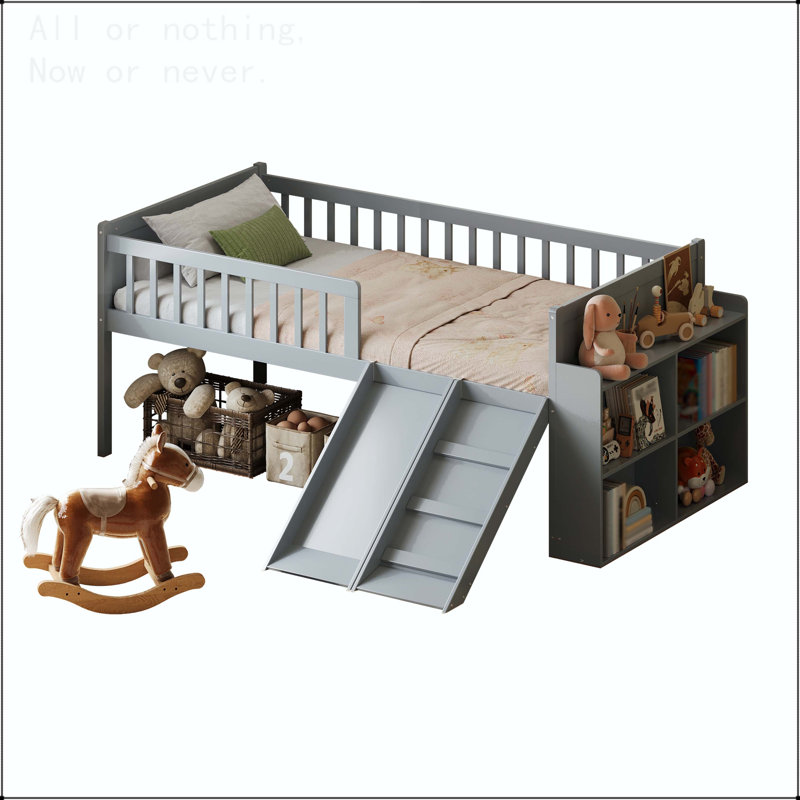 Twin Size Bed Frame with Storage Shelf, Slide, and Ladder, Gray