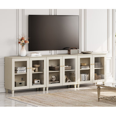 Meuble télé 3 en 1 avec portes en verre, console multimédia avec tablettes réglables et gestion des câbles
