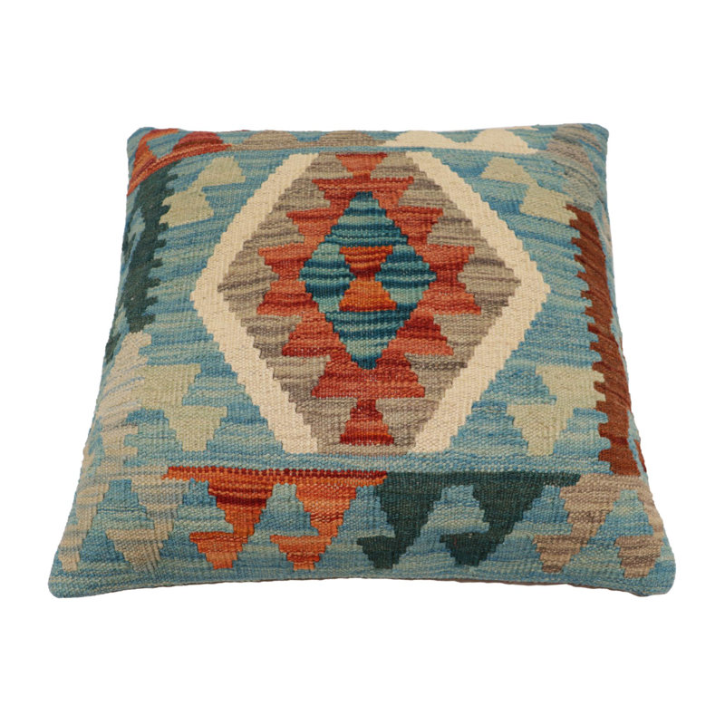 Coussin rustique en kilim tissé à la main rustique Shaw, H 20 po x l 20 po, Bleu / Orange / Gris