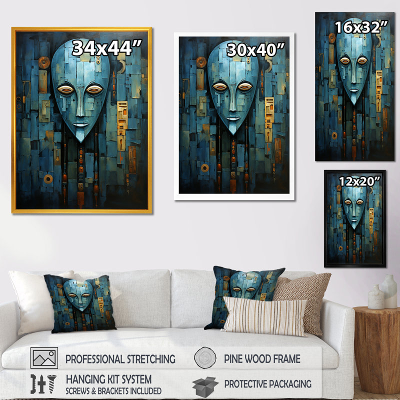 Blue Serenity African Mask - Masque africain, art mural, Toile tendue, H 32 po x l 16 po
