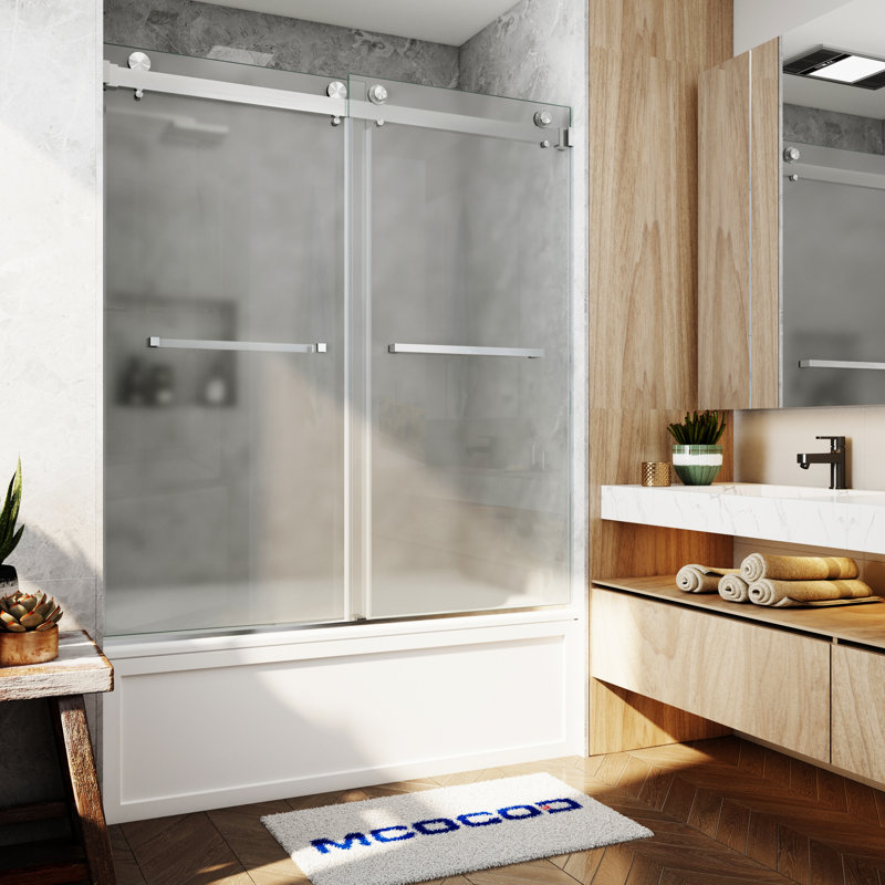 Porte de baignoire à double coulissement sans cadre avec verre givré de 3/8 po (10 mm) Opal Mirage MCOCOD l 56-61 po