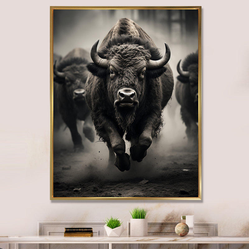 Bison Harmony In Motion - Animaux, reproduction sur toile, Cadre flottant doré, H 44 po x l 34 po x P 1,5 po