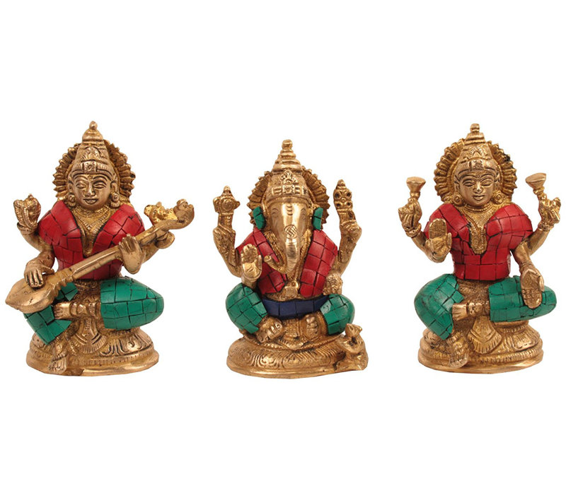 Ensemble de 3 figurines Saraswati-Ganesha-Lakshmi