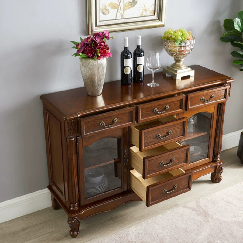 Buffet merisier massif + bois manufacturé + verre, Cerise profonde, H 33,86 po x l 51,58 po x P 15,35 po