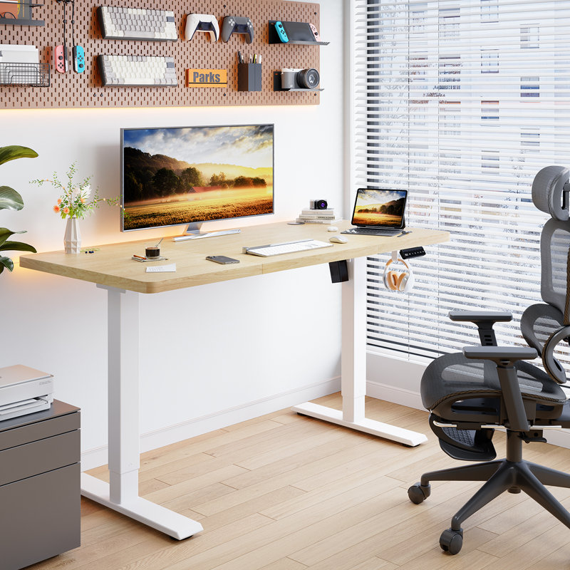 110/130/150 Cm W T-Shaped Standing Desk, 110 cm W x 60 cm D, Beige, White