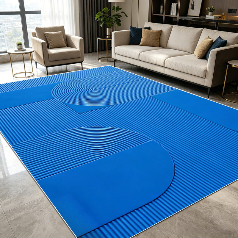 1PC Modern Minimalist Blue Geometric Arch Striped Abstract area rugs for Living Room, Soft and Comfortable, Suitable for all seasons, easy-to-maintain, machine washable Indoor floor mat, Under Table suitable for dining table, bedroom, entryway, home