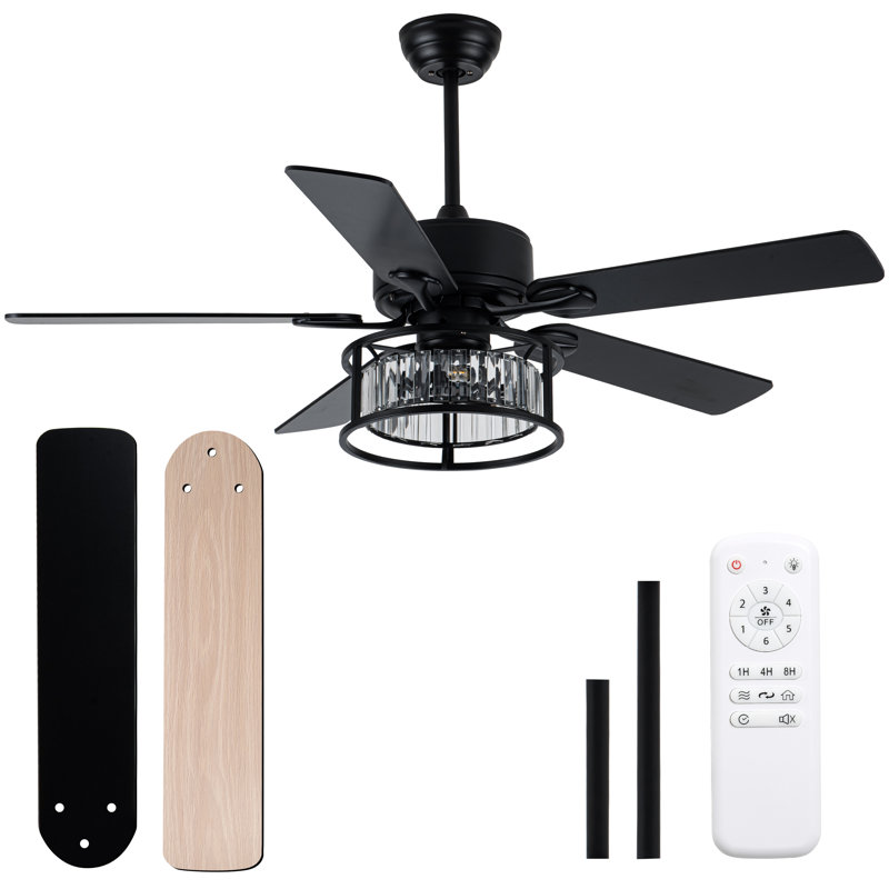 52 Inch Black Ceiling Fan with Light, Industrial Crystal Ceiling Fan with 5 Blades, 6-Speed Reversible DC Motor Modern Ceiling Fan