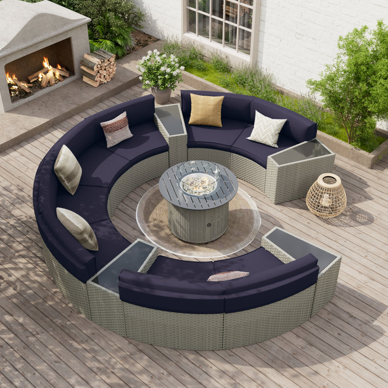 Ensemble de conversation courbé pour 8 personnes avec coussins Dartmore, H 23,62 po x l 31,69 po x P 31,69 po, Marine, Oui