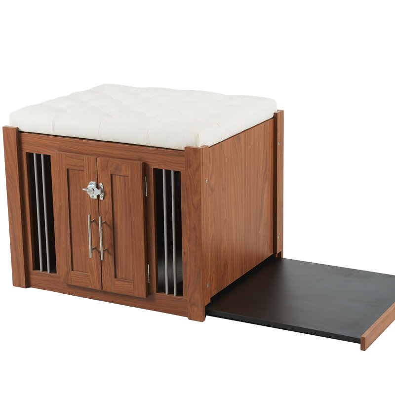 Cage de luxe pour chien avec porte de grange coulissante style Mid-Century en noyer