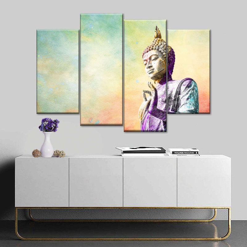 Bouddha bouddhiste tranquille 4 pièces, H 48 po x l 75 po