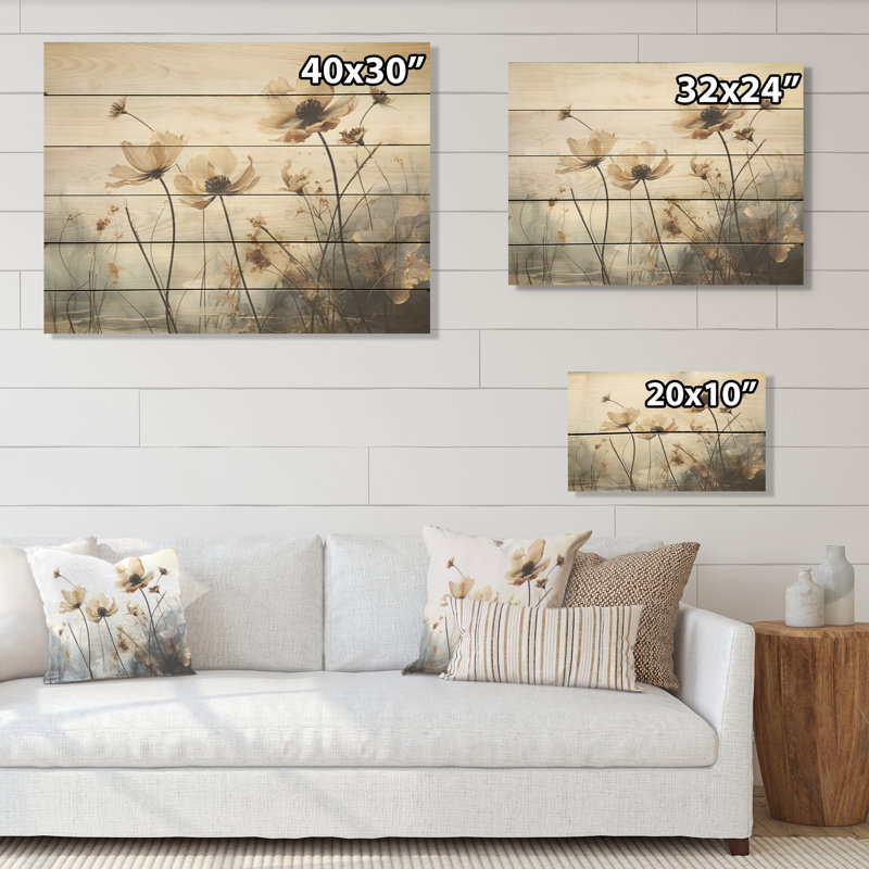 Jade Flowers Field Enchantment - Flower Wood Wall Art On Natural Pine Wood, 24" H x 32" W