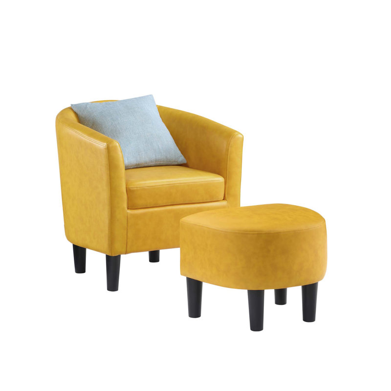 Anges Faux Leather Barrel Chair with Ottoman, Marigold Stamped Faux Leather