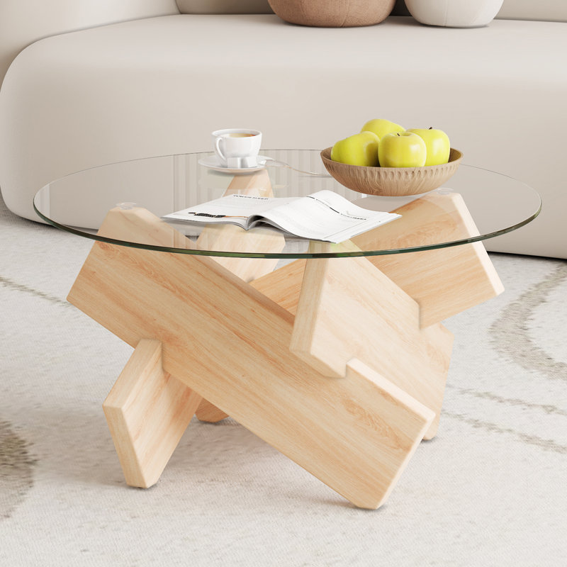 Table basse en verre 33,4 po de diamètre avec surface trempée et pieds en bois transparents de 33,4 po pour les espaces de vie