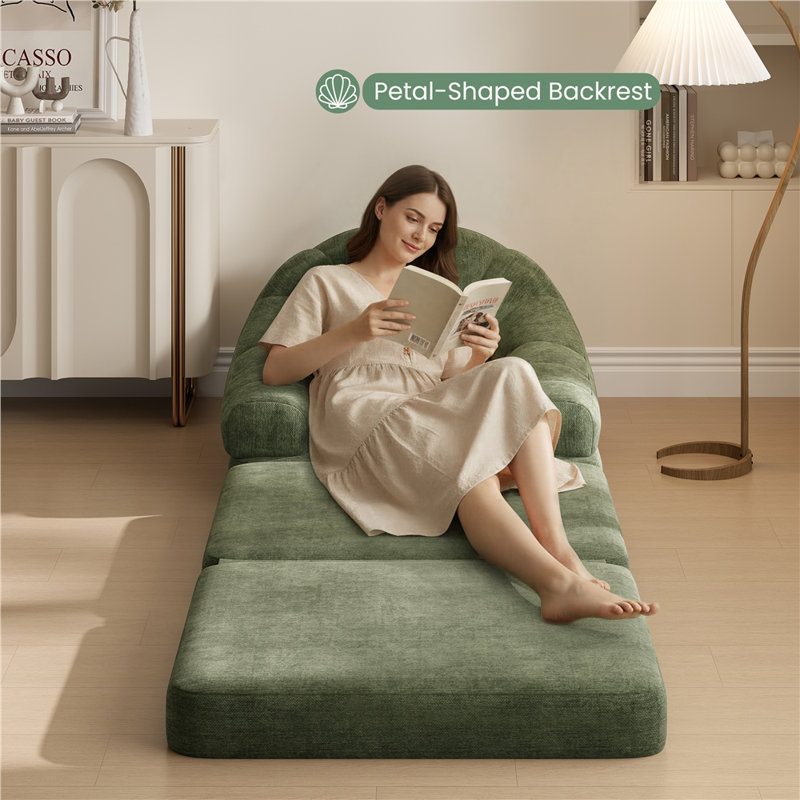 2-in-1 Folding Accent Chair, Plush Convertible Bean Bag Chair to Floor Sleeper, Multi-Functional Single Sofa Bed for Living Room & Small Spaces, Green
