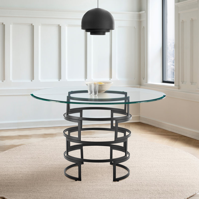 Deatsville Contemporary 48" Round Dining Table with Metal Base and Glass Top, Black