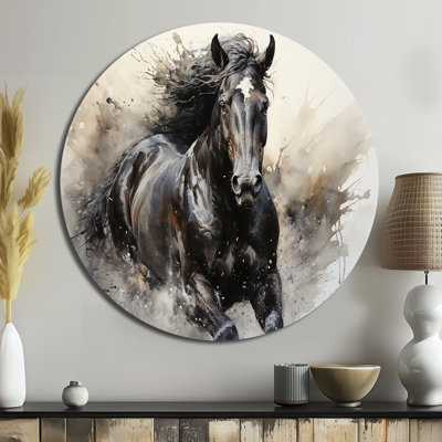 Cheval gris, majestueux pointillisme monochrome - animaux, art en métal rond