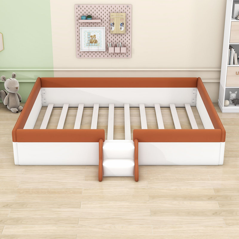 Upholstered Daybed with Guardrails and Stairs, King, White/Brown