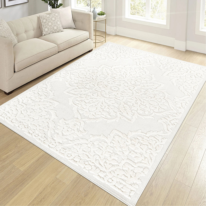 Step Collection High-Low Medallion Cream/Cream Indoor Area Rug, 5'3''X7'6'', Modern, Contemporary, Geometric, Bohemian, Bedroom, Kitchen, Living Room, Non Shedding Carpet