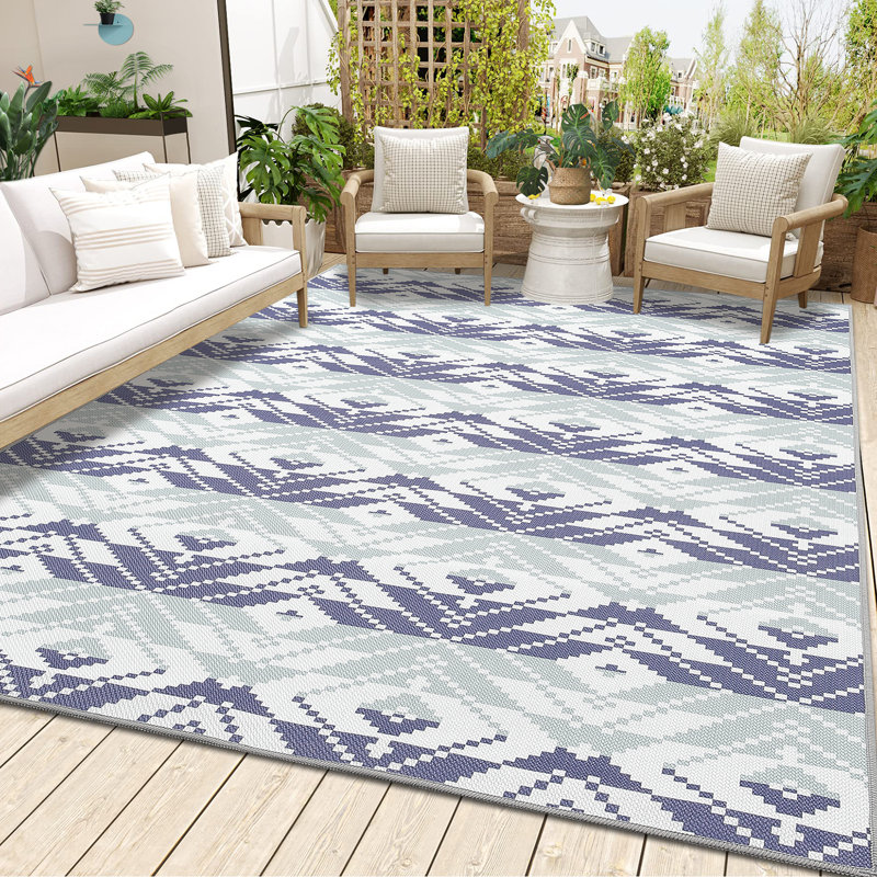 Waterproof Outdoor Rug for Patio Thin Low Pile Area Mat, Collapsible Geometric Carpet, Washable, Mark & UV Resistant, for Backyard, Deck, Camping, Balcony, Beach