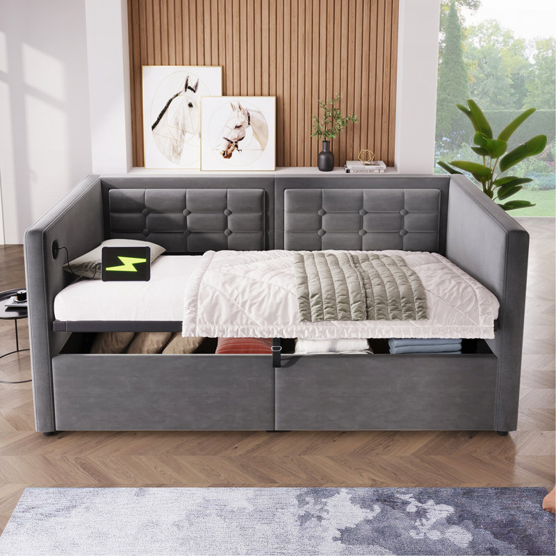 Upholstered Twin Size Daybed, Hydraulic Storage Twin Bed Frame With USB & Type-C Charging, Bed Frame With Wooden Slats And Tufted Sofa Back, Gray, Velvet (Without Mattress)