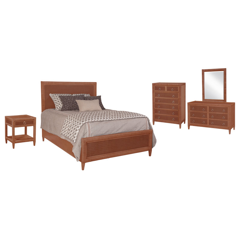 Naples Platform 3 Piece Bedroom Set, Honey, 5 Pcs. Bed, Nightstand, 2 Dressers, Mirror, Twin