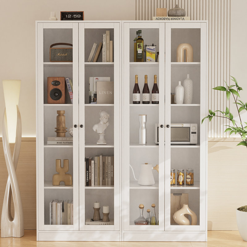 70.9'' H X 23.6'' W Bookcase And Kitchen Pantry With Glass Doors 2pcs, White