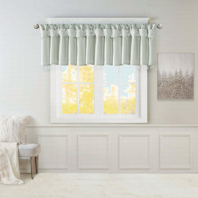 Lightweight Faux Silk Valance With Beads 50X26", Dusty Aqua