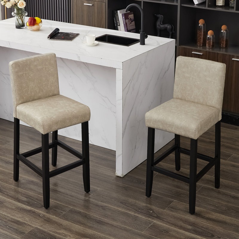 Tabouret de bar rembourré avec structure en bois massif, Beige / similicuir, 3