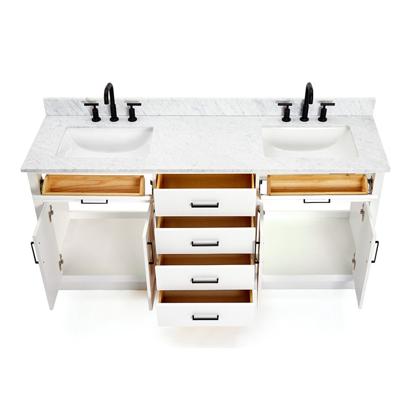 Jameal 72' Solid Wood Double Bathroom Vanity with 0.75' Carrara Marble Top, Blanc, Forme rectangulaire