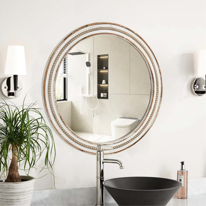 23.87" Diameter Rustic Wood Decorative Mirror - Style For Living Room, Bathroom, Entryway Clear Reflection Vintage-style Round Bedroom, Home Adornment