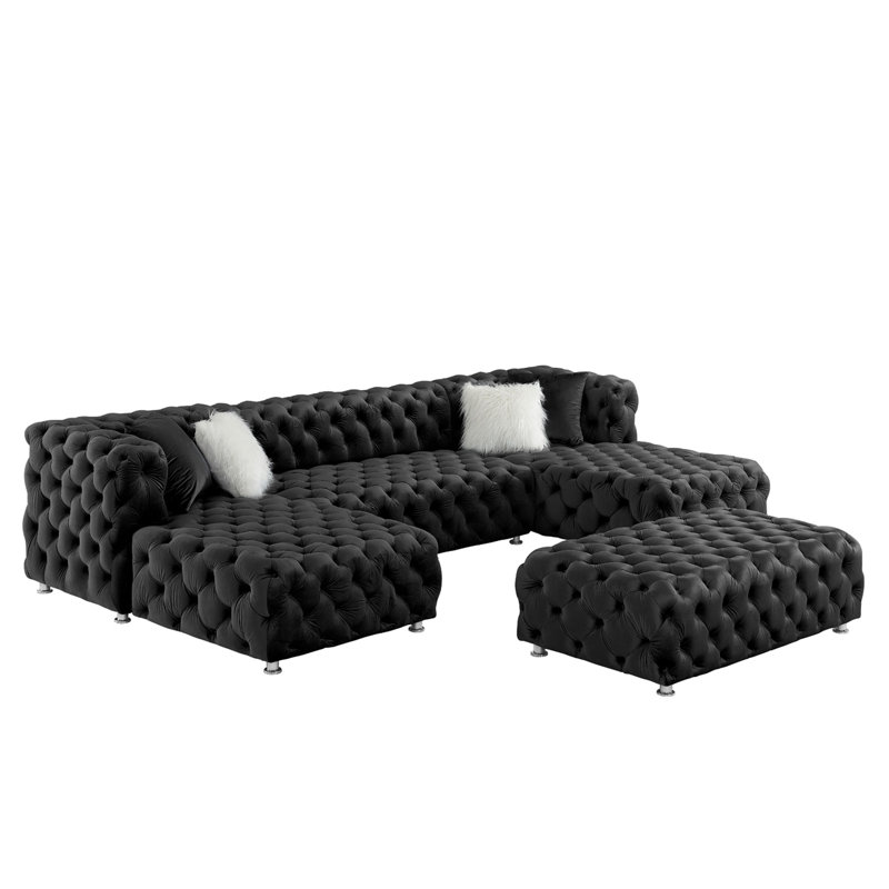Canapé modulaire en U de 145 po en velours capitonné avec pieds en métal et 4 pieds pour le salon, Velours noir