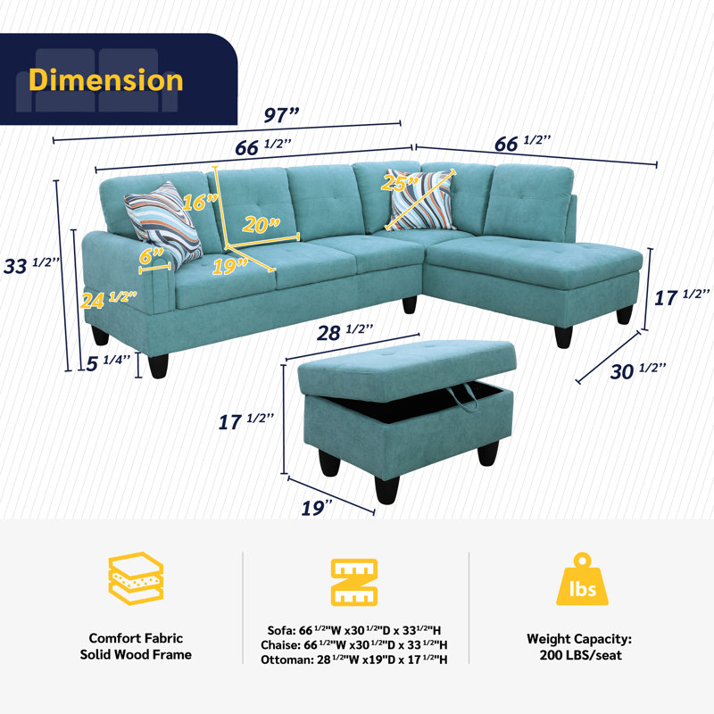 Gonen Upholstered L-Shaped Sectional, Right Hand Facing, Green Velvet/Linen Blend