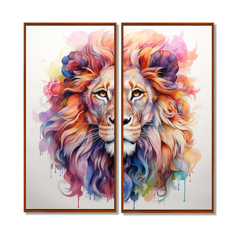 Portrait de lion royal coloré - art mural sur toile grand lion, H 40 po x l 40 po, Brun, Impression encadrée flottante