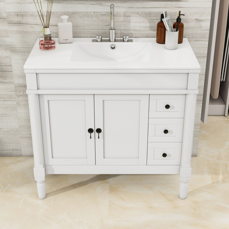 Meuble-lavabo autoportant moderne avec rangement réglable, porte à fermeture en douceur et lavabo en céramique, Blanc