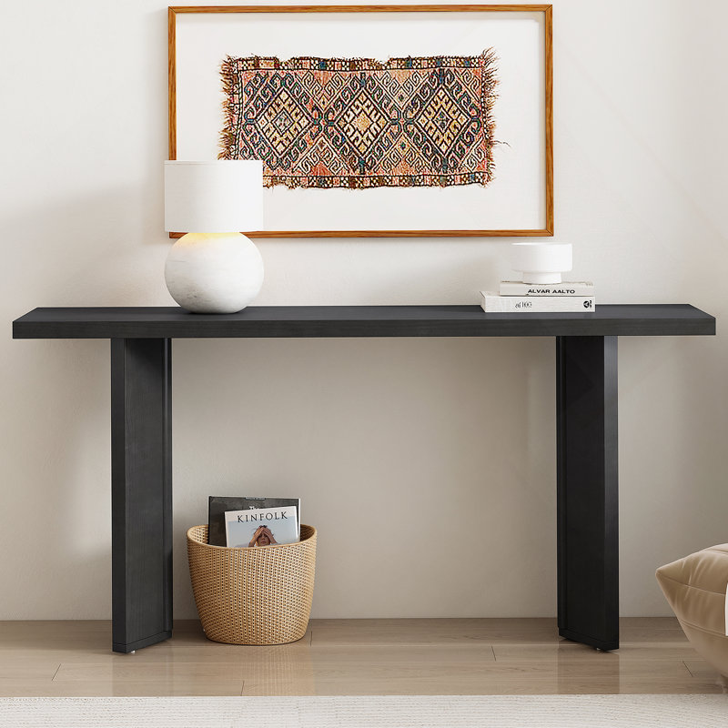 Élégante console avec placage de pin et pieds géométriques, idéale pour le salon, le bureau et la salle à manger, Noir