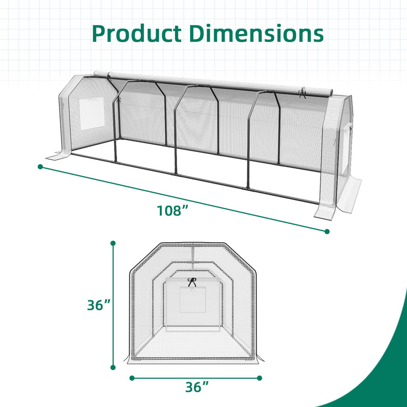 Greenhouse with double Roll-Up Zippered Doors, PE Cover, 3' H x 9' W x 3' D