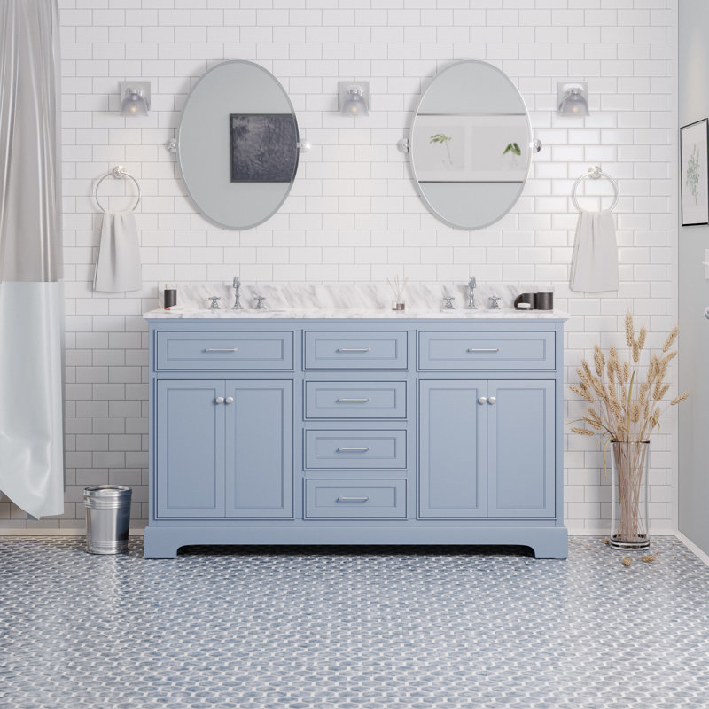 Ronnie 60'' Double Bathroom Vanity with Top, Carrara Marble, Powder Blue
