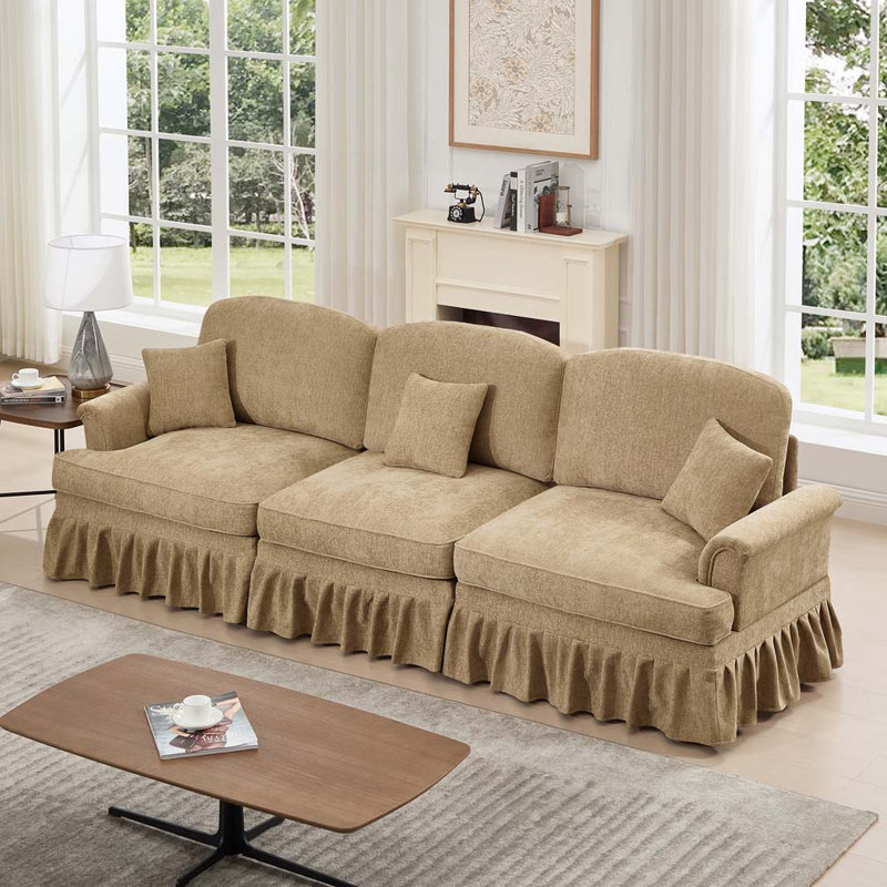 Chenille 2 Seater Sofa with Flared Arms and Removable Ruffles, Light Coffee, 36.6" H x 107.1" W x 32.8" D