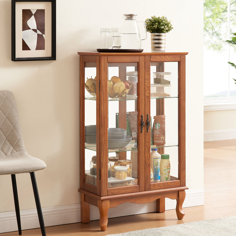 2 Doors Curio Cabinet With Lighted Interior, Tempered Glass Doors, Mirrored Back, Adjustable Shelves, Oak Color For Living Area Elegant - Back Built-In Home