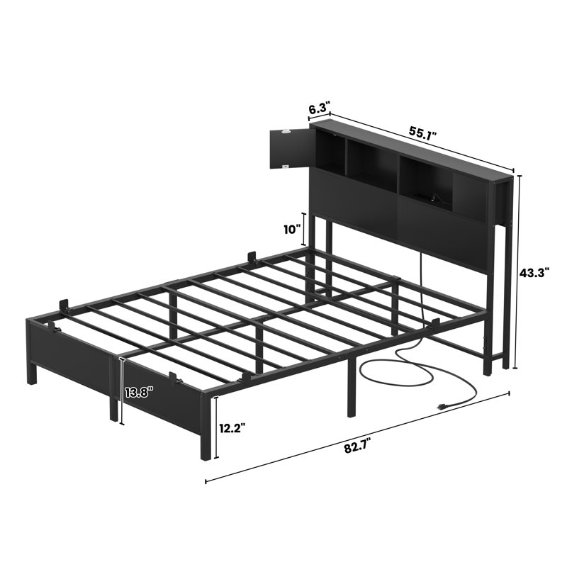 Metal Bed Frame With Headboard,2 Cabinets With Doors, LED Lights And USB Ports, Large Storage Space, Black, Full