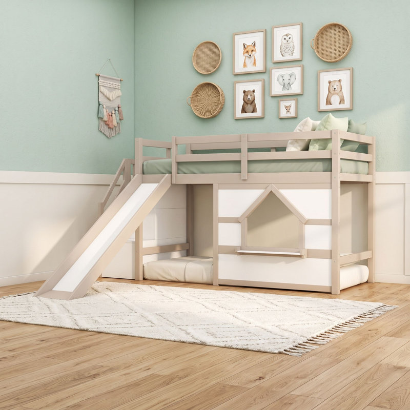 Lit superposé simple au-dessus de simple en bois avec lumières DEL, glissière et escalier de rangement en bois, Beige White
