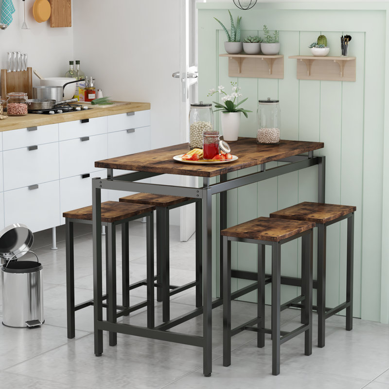 Charmaigne 5-Piece Modern Industrial Dining Set Bar Set | Compact Table & Stools with Space-Saving Design for Dining/Breakfast Nook