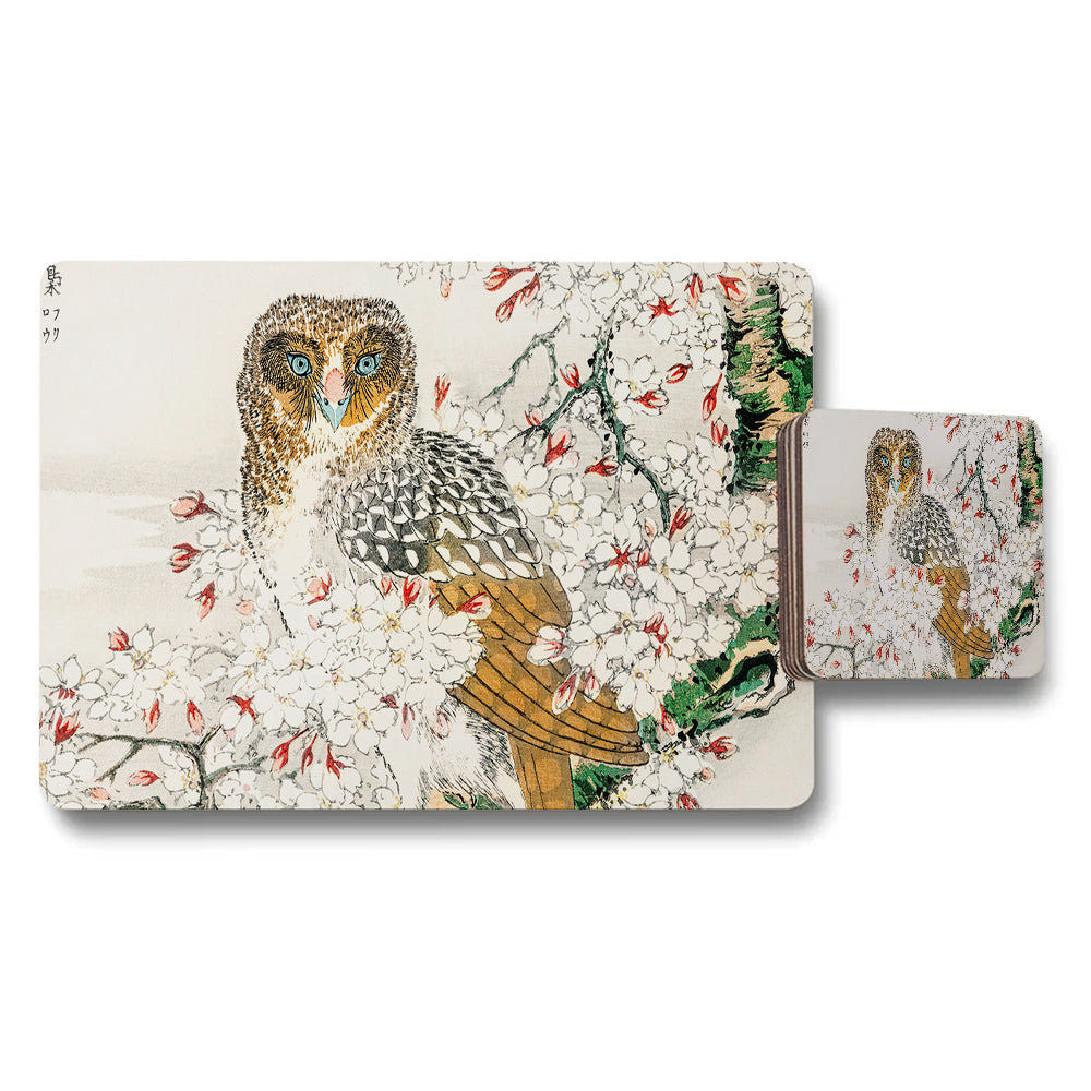 Owl And Cherry Blossom Placemats And Coaster Set Art Print