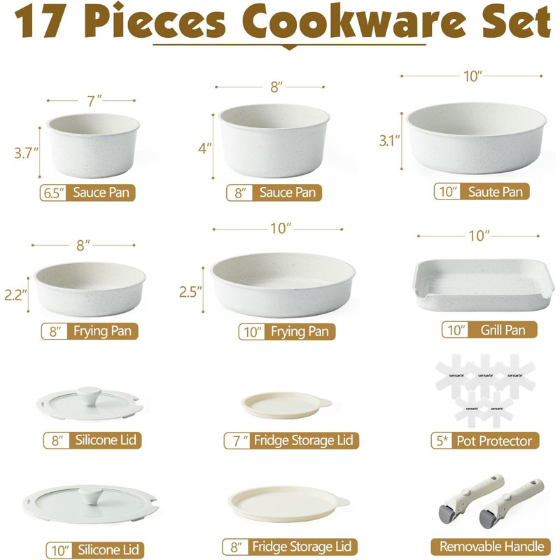 SENSARTE Nonstick Ceramic 17 Piece Pots And Pans Set With Removable Handle, Include Griddle, Dishwasher ＆ Oven Safe, PTFE/PTAS/PFOA Free