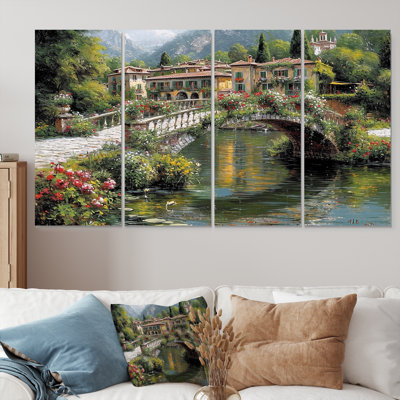 Ensemble de 4 pièces d'art mural Poetic Flower Bridge Over Calm Town River