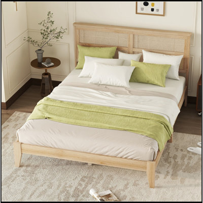 Queen Size Rubber Wooden, Solid Wooden Bed With Rattan Headboard, Enhanced By Support Feet,Natural